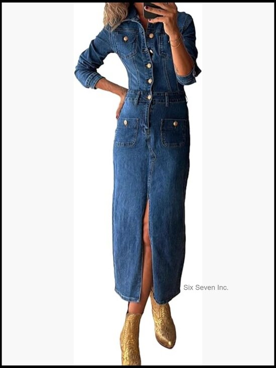 Dresses & Skirts - Trendy Long Sleeve Button Down Denim Maxi Dress with Slit